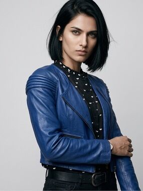 CUT25 Yigal Azrouel Cobalt Blue Lamb Leather Sculpted Shoulder Moto Jacket